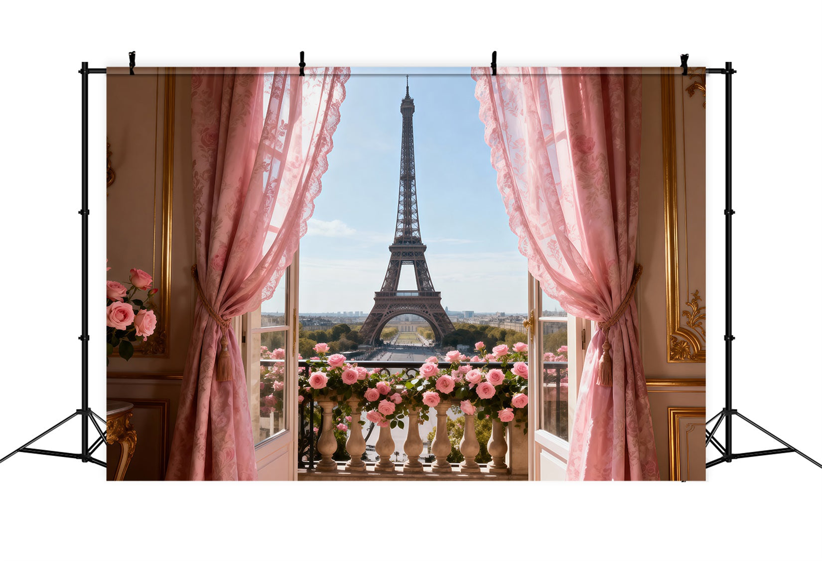 Paris Backdrop Pink Curtain Balcony Romance Eiffel Tower Backdrop UK RR61-34
