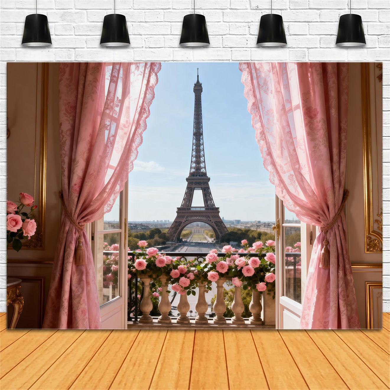 Paris Backdrop Pink Curtain Balcony Romance Eiffel Tower Backdrop UK RR61-34