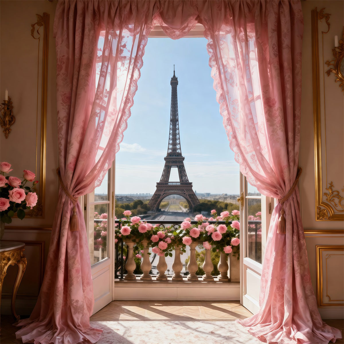 Paris Backdrop Pink Curtain Balcony Romance Eiffel Tower Backdrop UK RR61-34