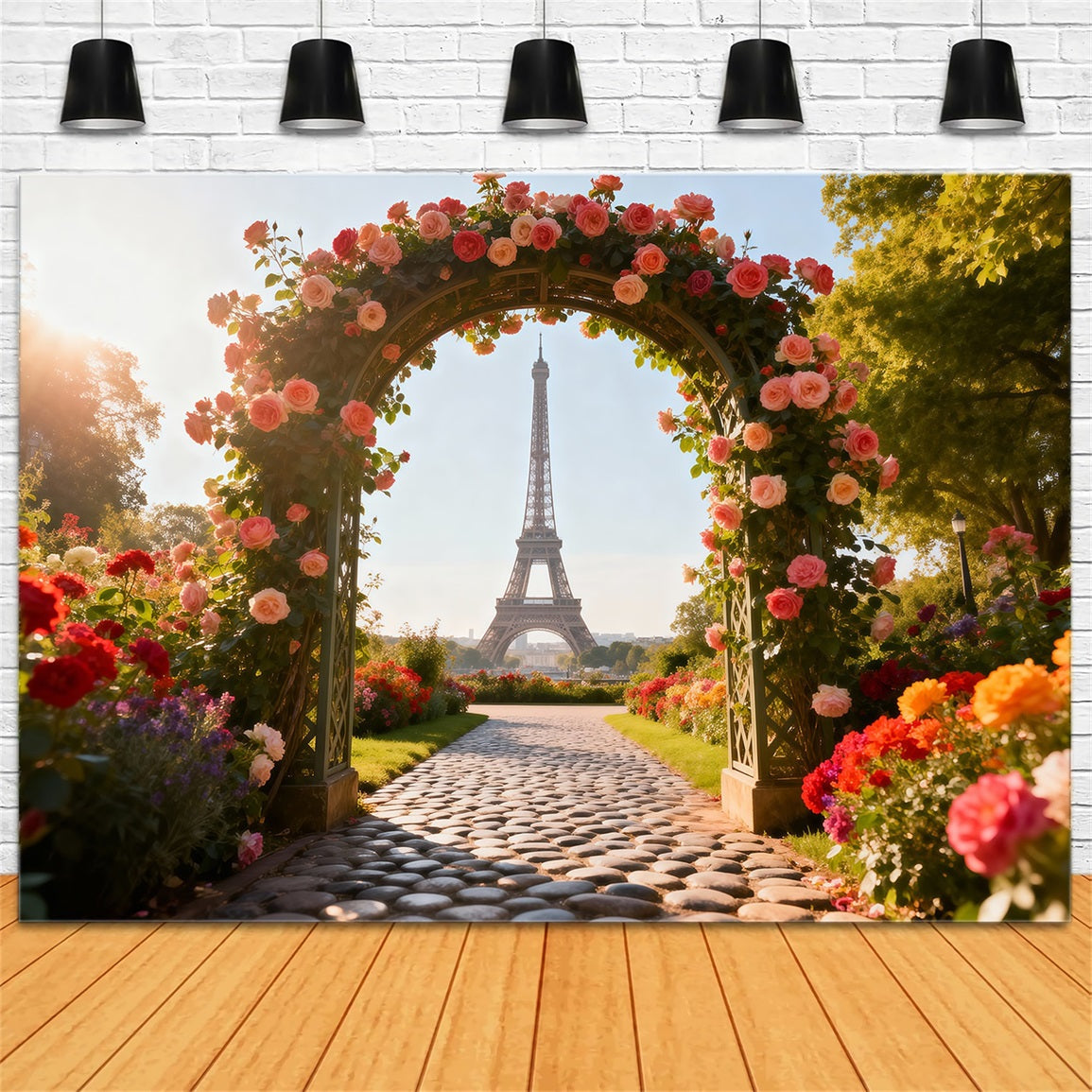 Paris Photo Backdrop Rose Garden Floral Archway Eiffel Tower Photo Backdrop UK RR61-35