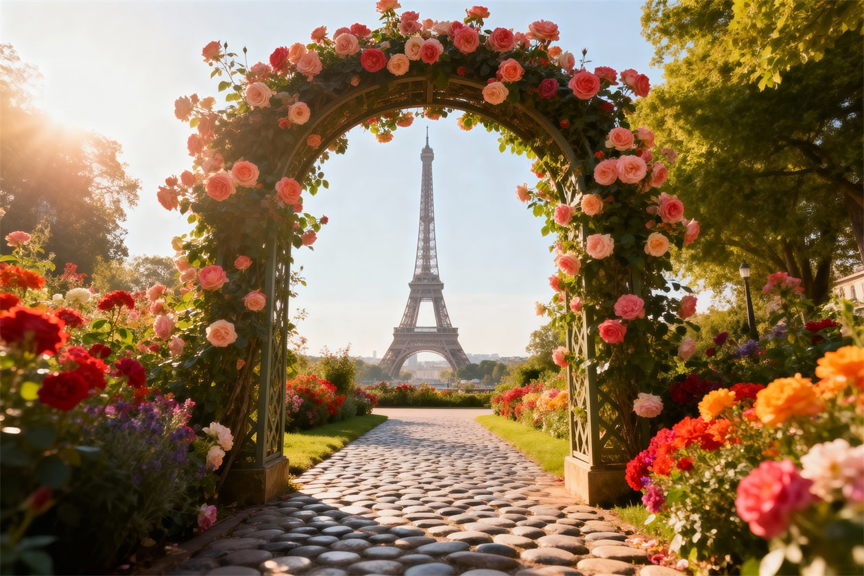 Paris Photo Backdrop Rose Garden Floral Archway Eiffel Tower Photo Backdrop UK RR61-35
