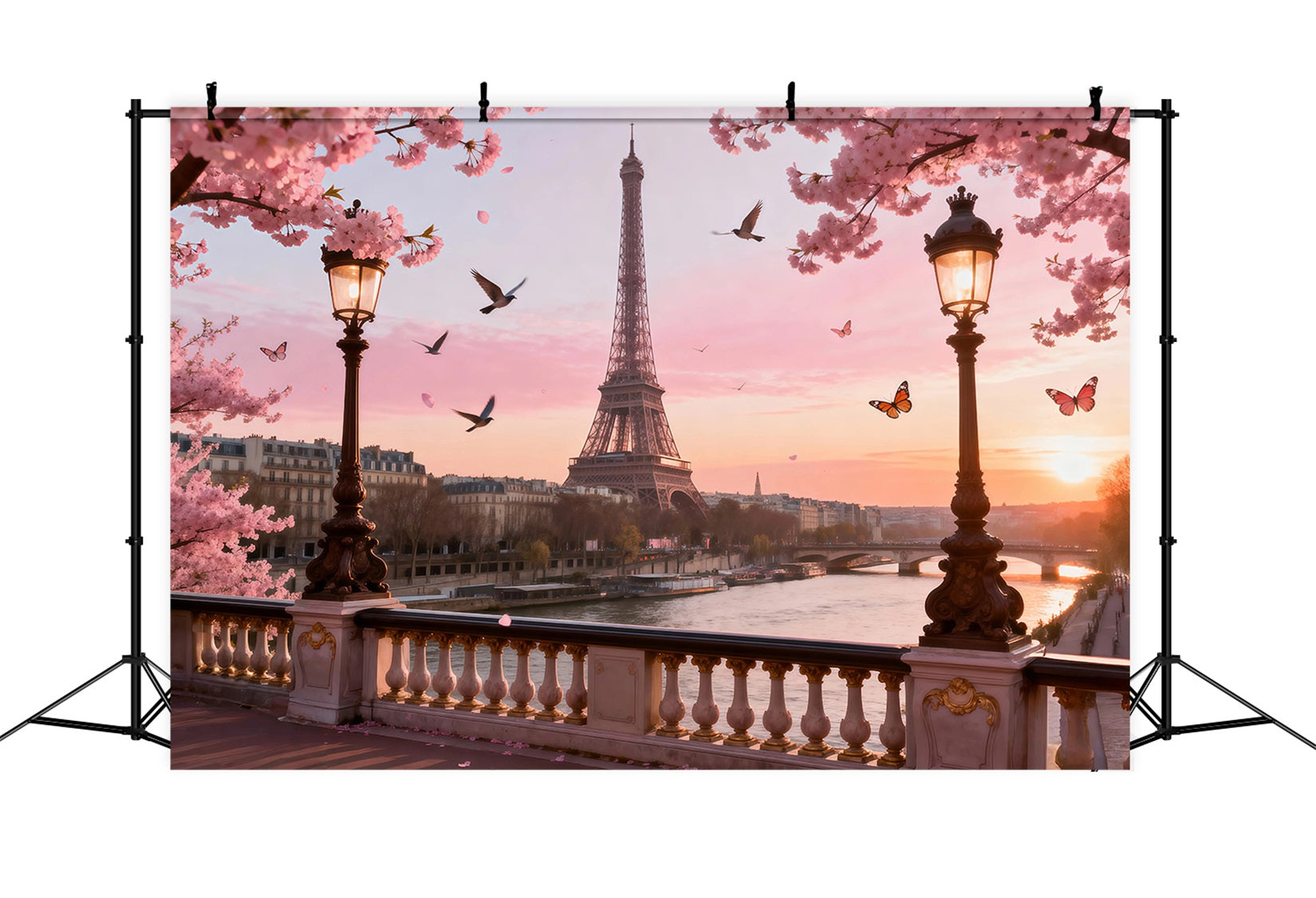 Paris Theme Backdrop Cherry Blossom River Twilight Eiffel Tower Backdrops UK RR61-36
