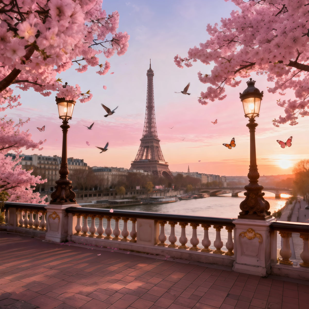 Paris Theme Backdrop Cherry Blossom River Twilight Eiffel Tower Backdrops UK RR61-36