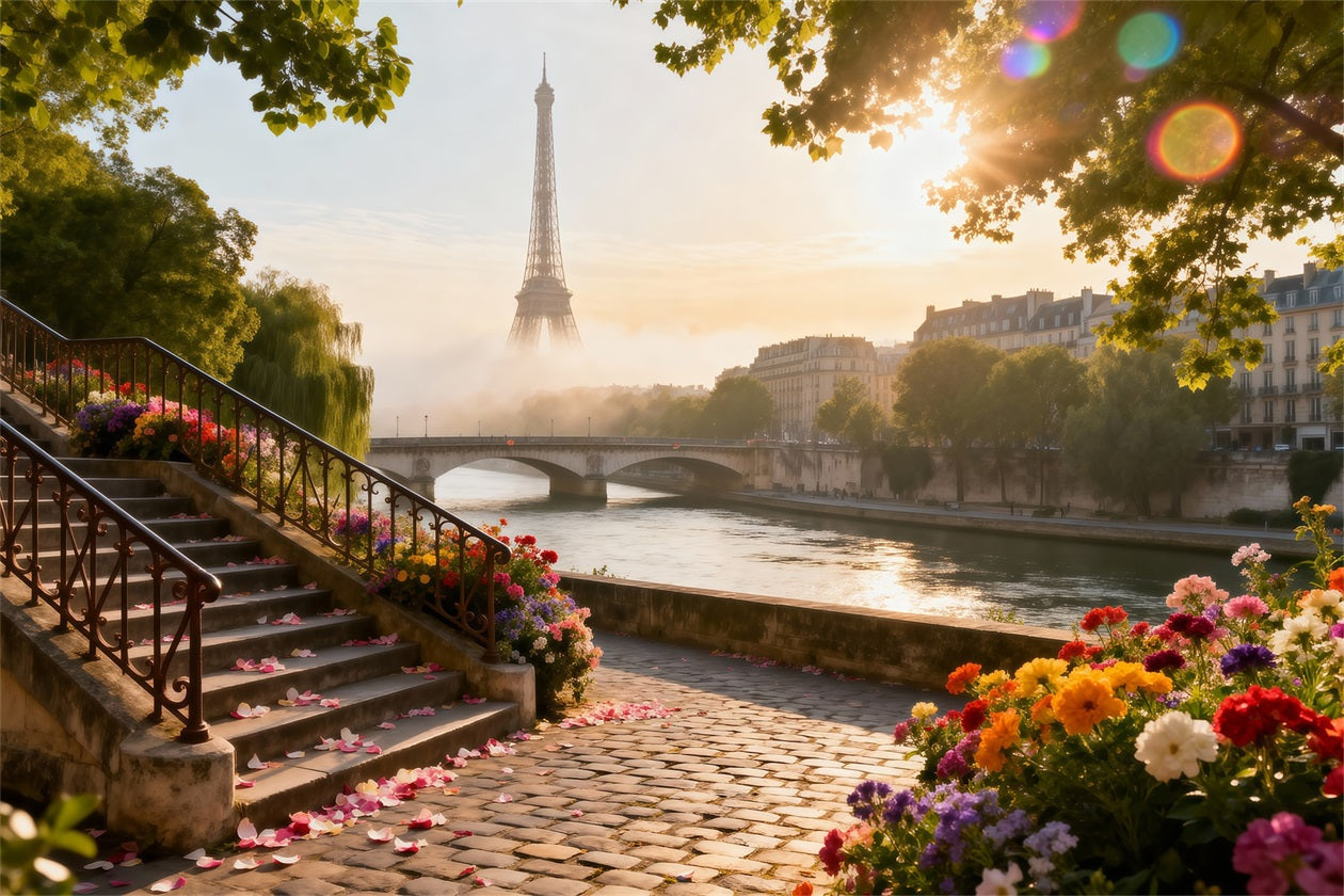 Paris Backdrop Ideas Riverside Garden Sunrise Eiffel Tower Photo Backdrop UK RR61-41