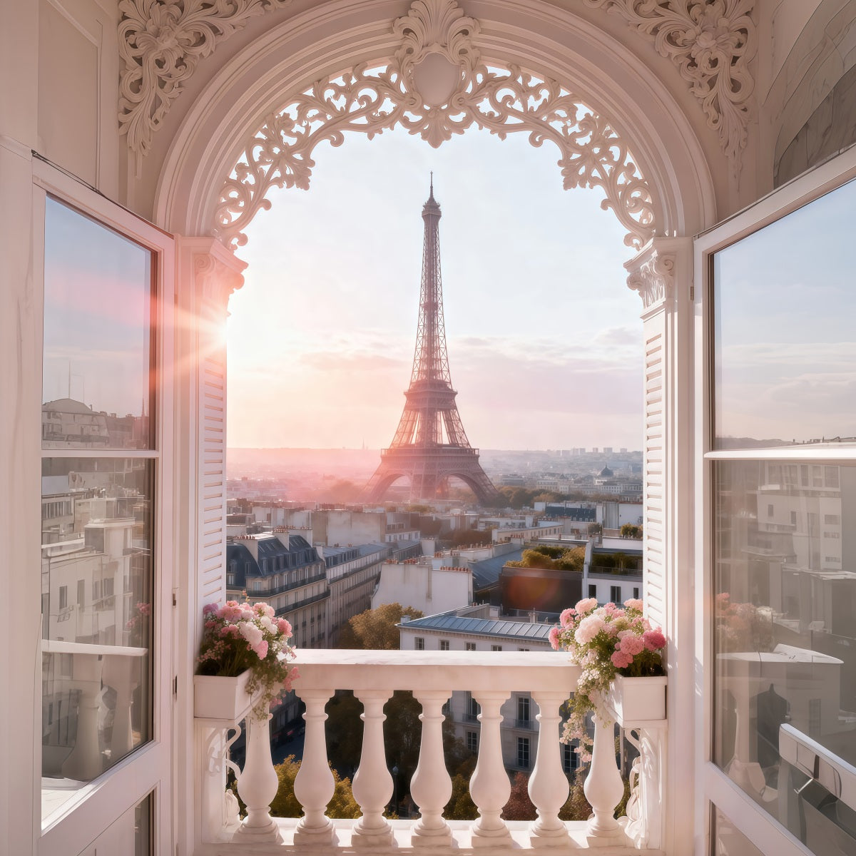 Paris Themed Backdrops Ornate Arch Balcony Sunrise Eiffel Tower Backdrops UK RR61-42