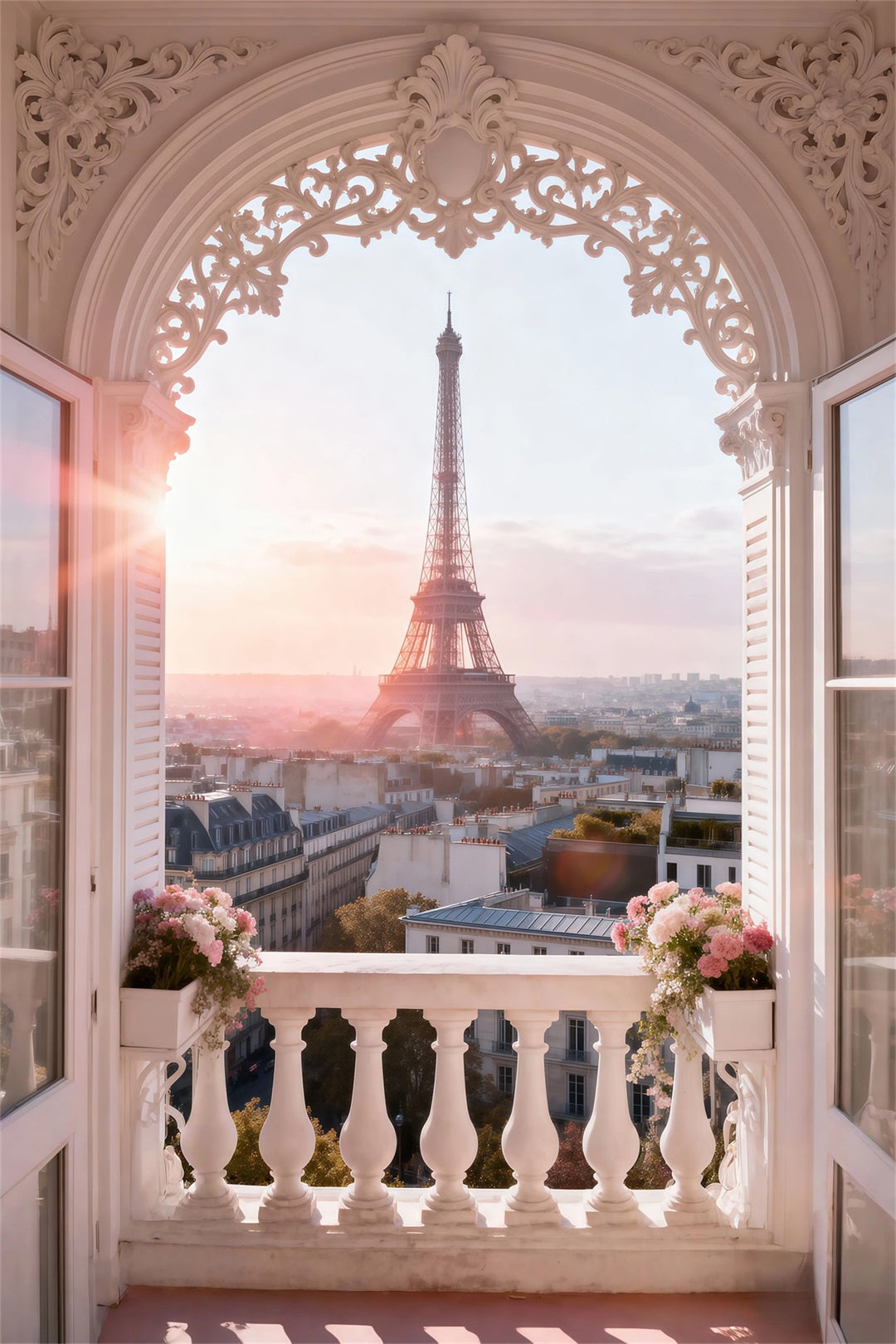 Paris Themed Backdrops Ornate Arch Balcony Sunrise Eiffel Tower Backdrops UK RR61-42