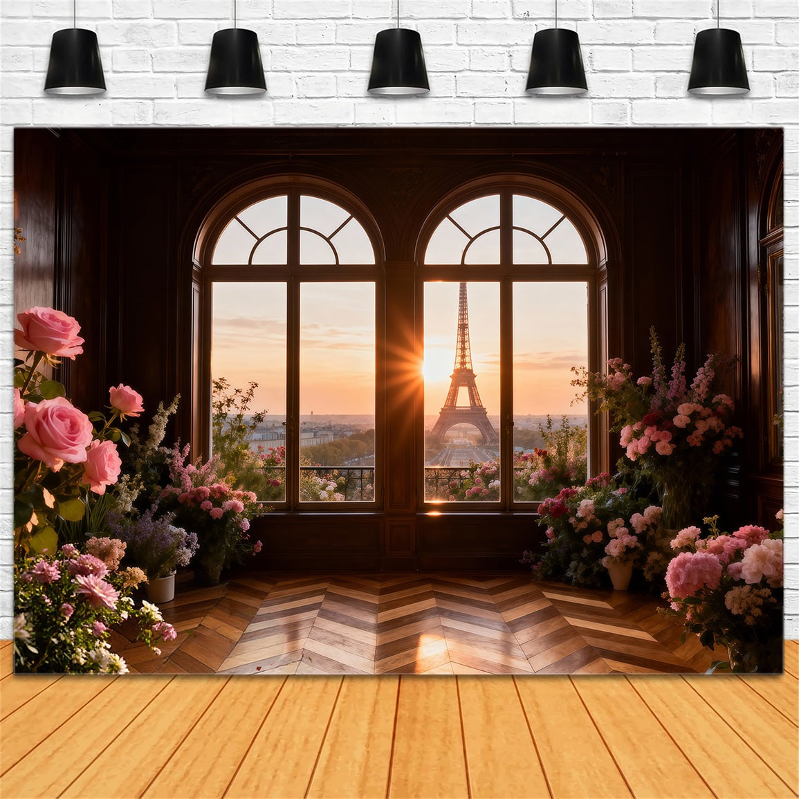 Paris Photo Backdrop Golden Window Floral Sunset Eiffel Tower Photo Backdrop UK RR61-43