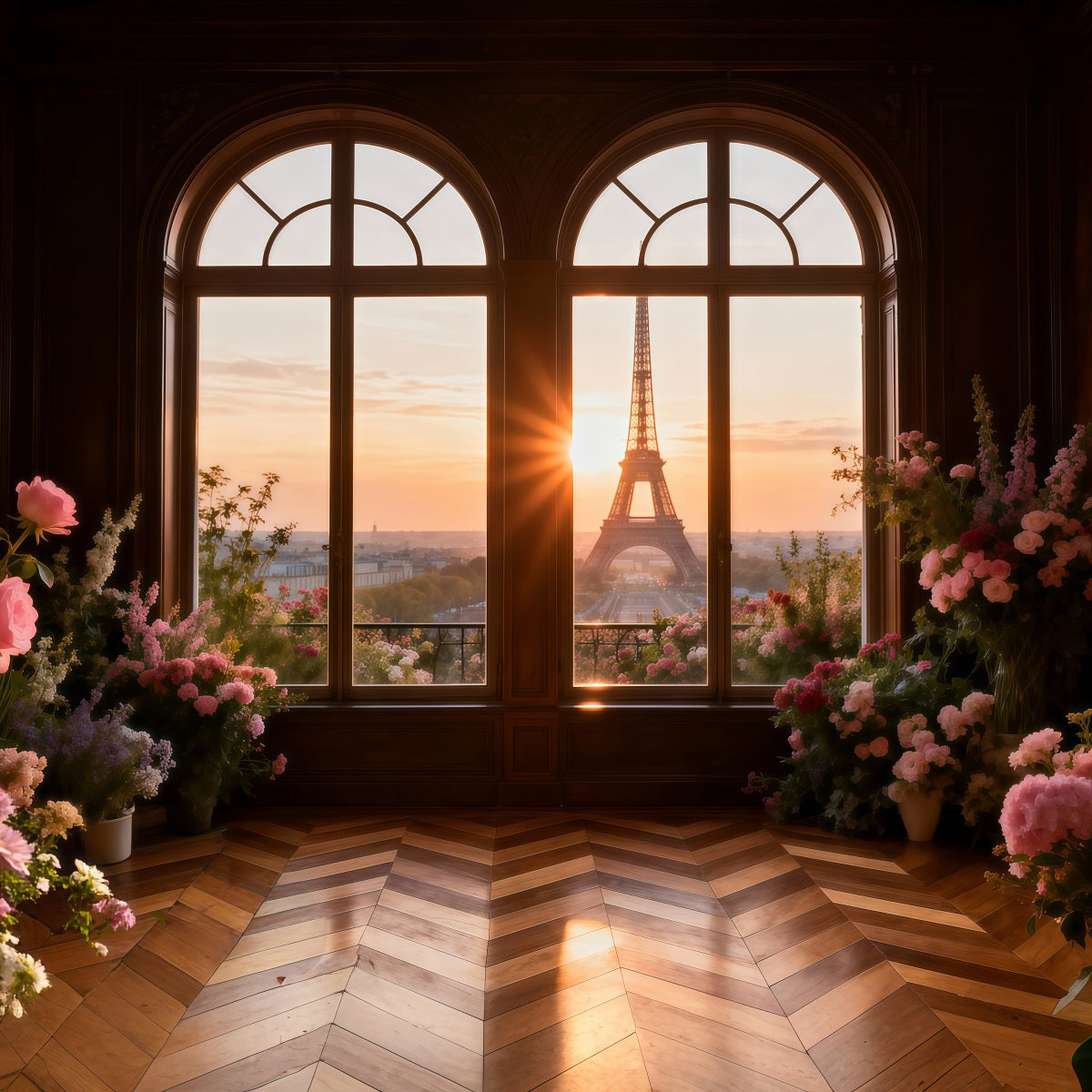 Paris Photo Backdrop Golden Window Floral Sunset Eiffel Tower Photo Backdrop UK RR61-43