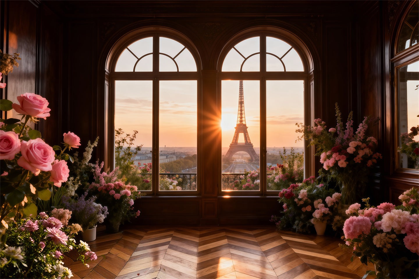 Paris Photo Backdrop Golden Window Floral Sunset Eiffel Tower Photo Backdrop UK RR61-43