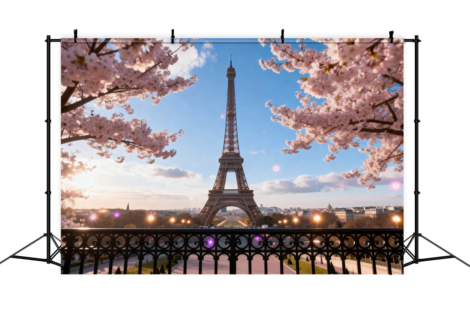 Midnight In Paris Backdrop Cherry Blossom Balcony Twilight Eiffel Tower Backdrop UK RR61-46
