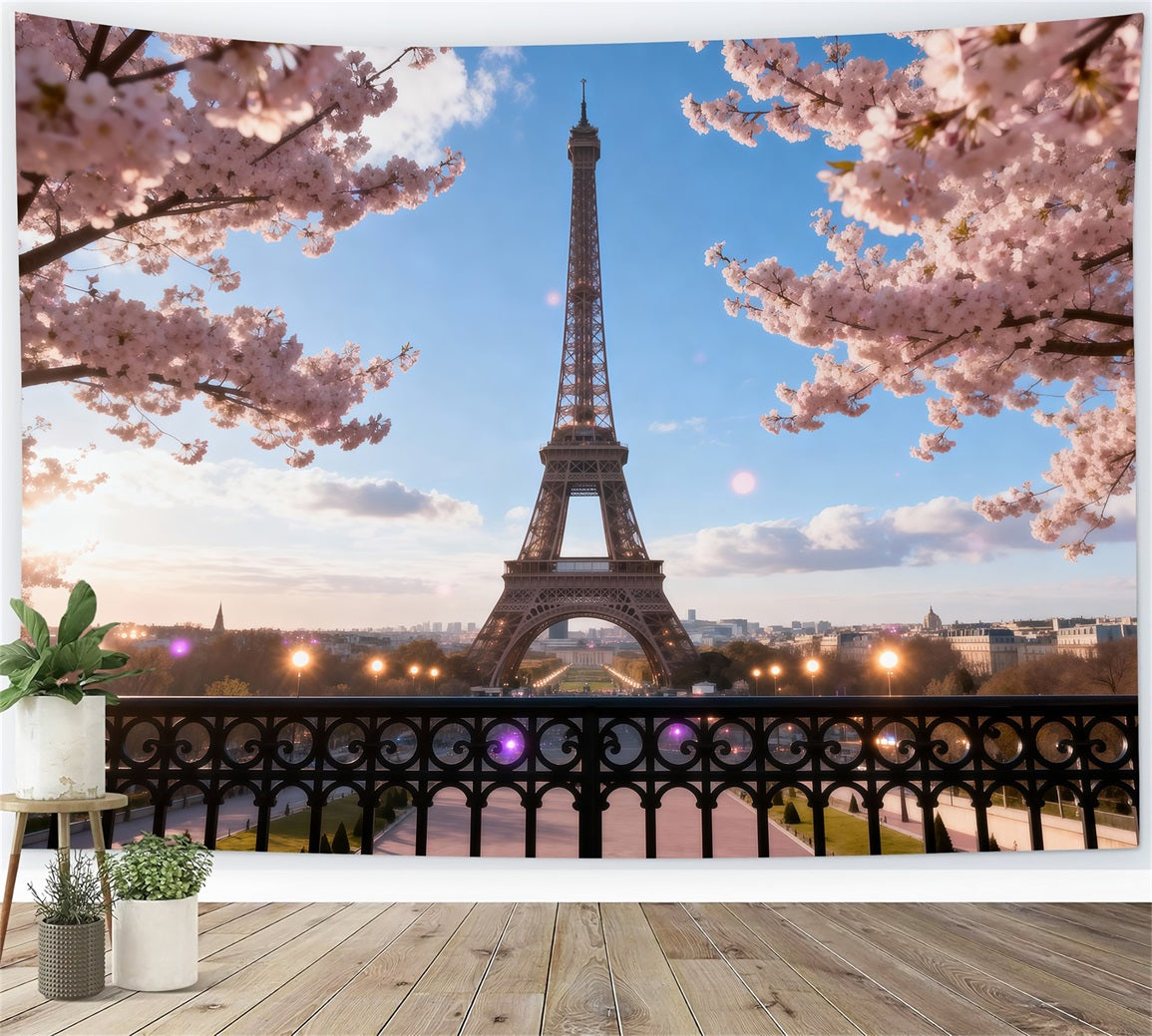 Midnight In Paris Backdrop Cherry Blossom Balcony Twilight Eiffel Tower Backdrop UK RR61-46