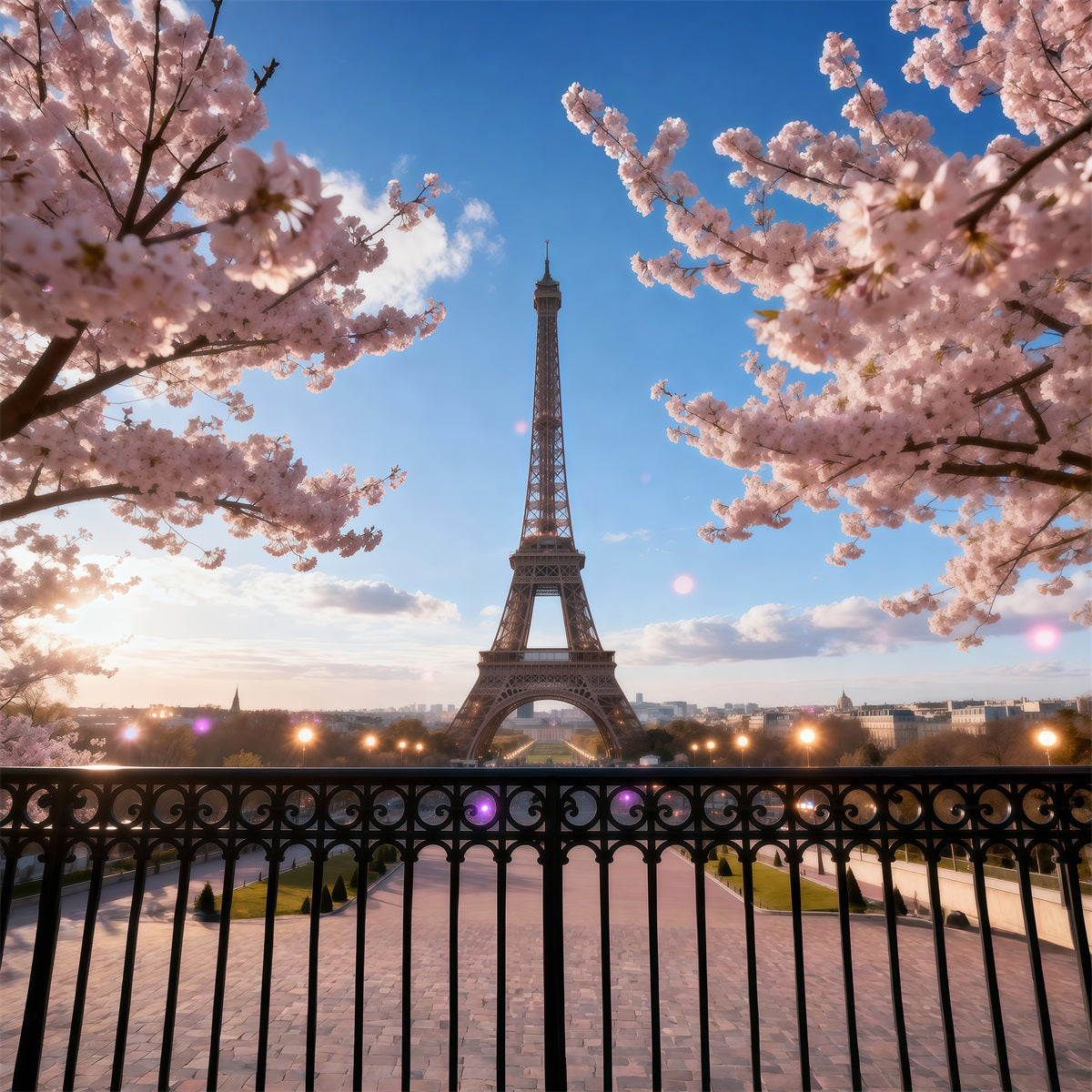 Midnight In Paris Backdrop Cherry Blossom Balcony Twilight Eiffel Tower Backdrop UK RR61-46
