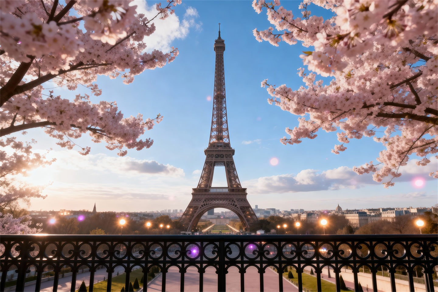 Midnight In Paris Backdrop Cherry Blossom Balcony Twilight Eiffel Tower Backdrop UK RR61-46