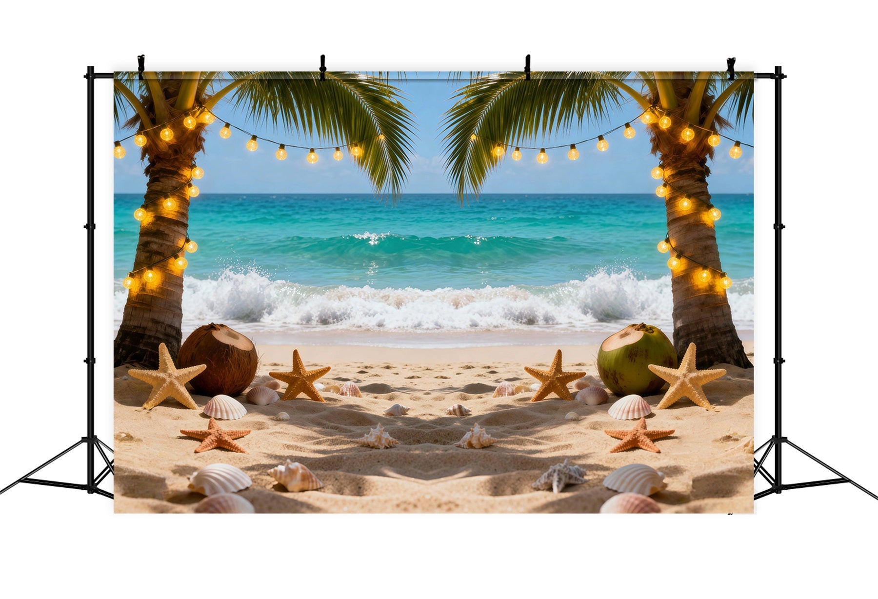 Beach Theme Backdrop Night Palm String Lights Summer Photo Backdrops UK RR61-5