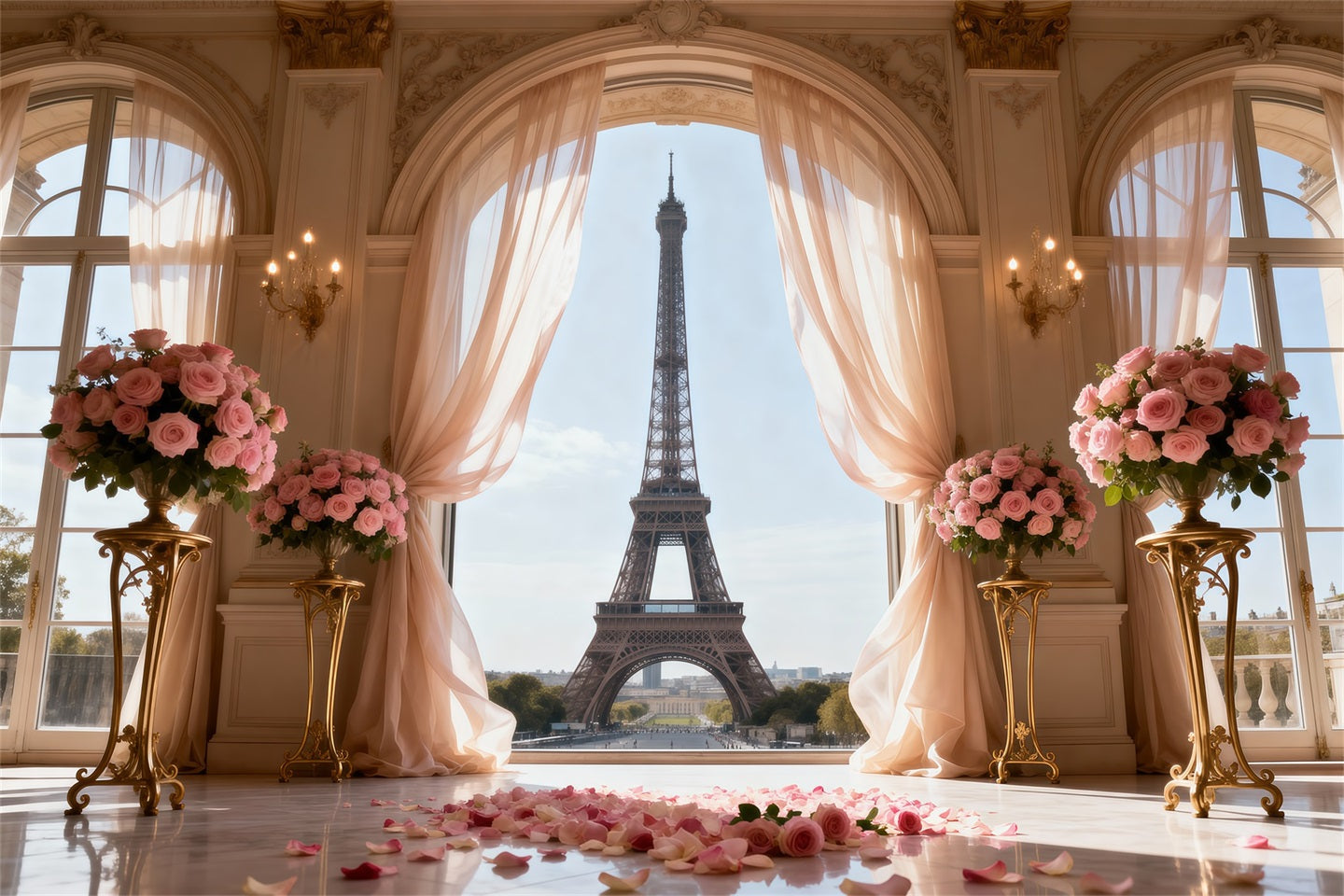 Paris Themed Photo Backdrop Palace Window Rose Ceremony Eiffel Tower Photography Backdrop UK RR61-50