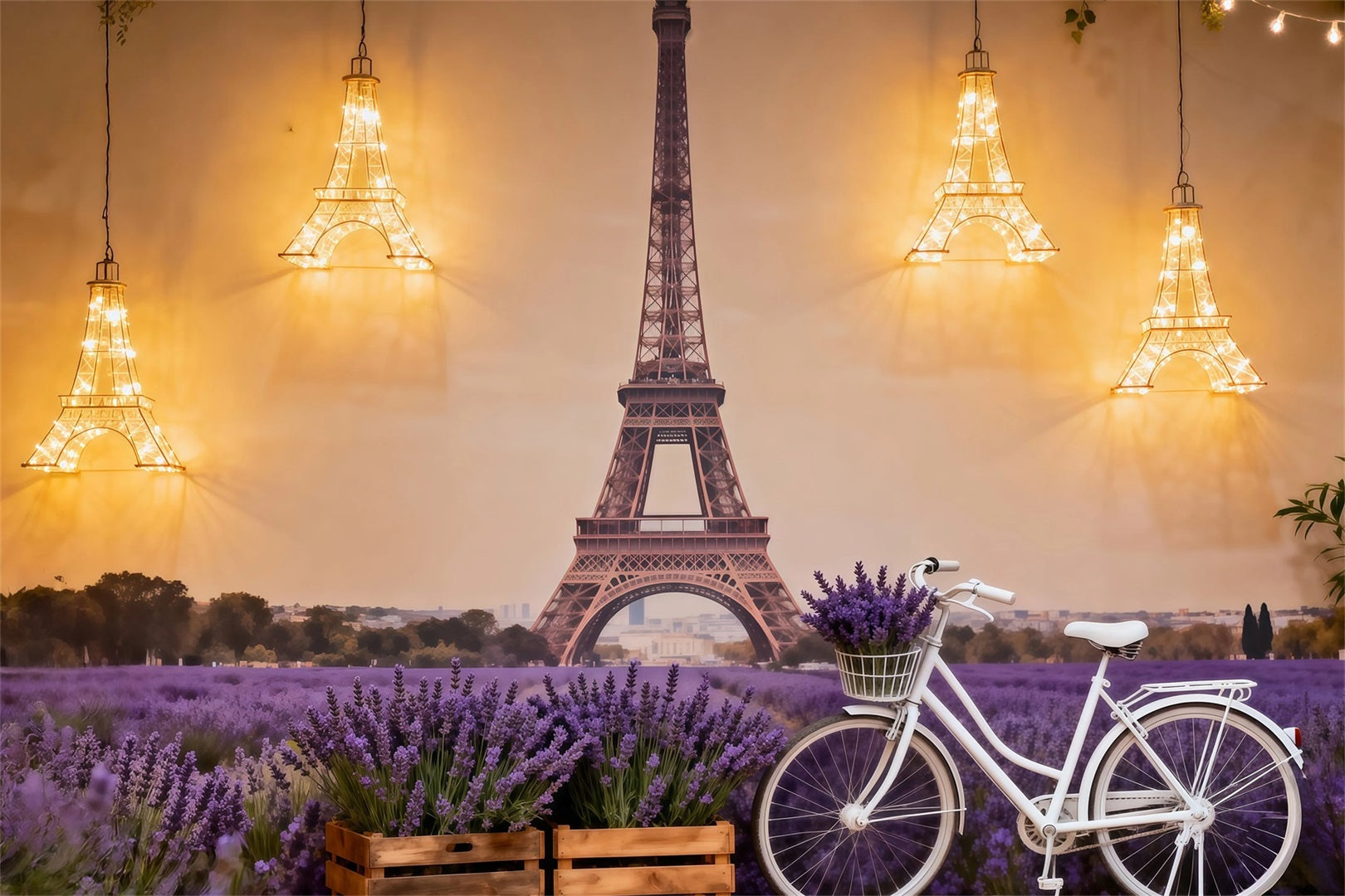 Eiffel Tower Photography Backdrop Lavender Field Bicycle Glow Paris Themed Backdrops UK RR61-51