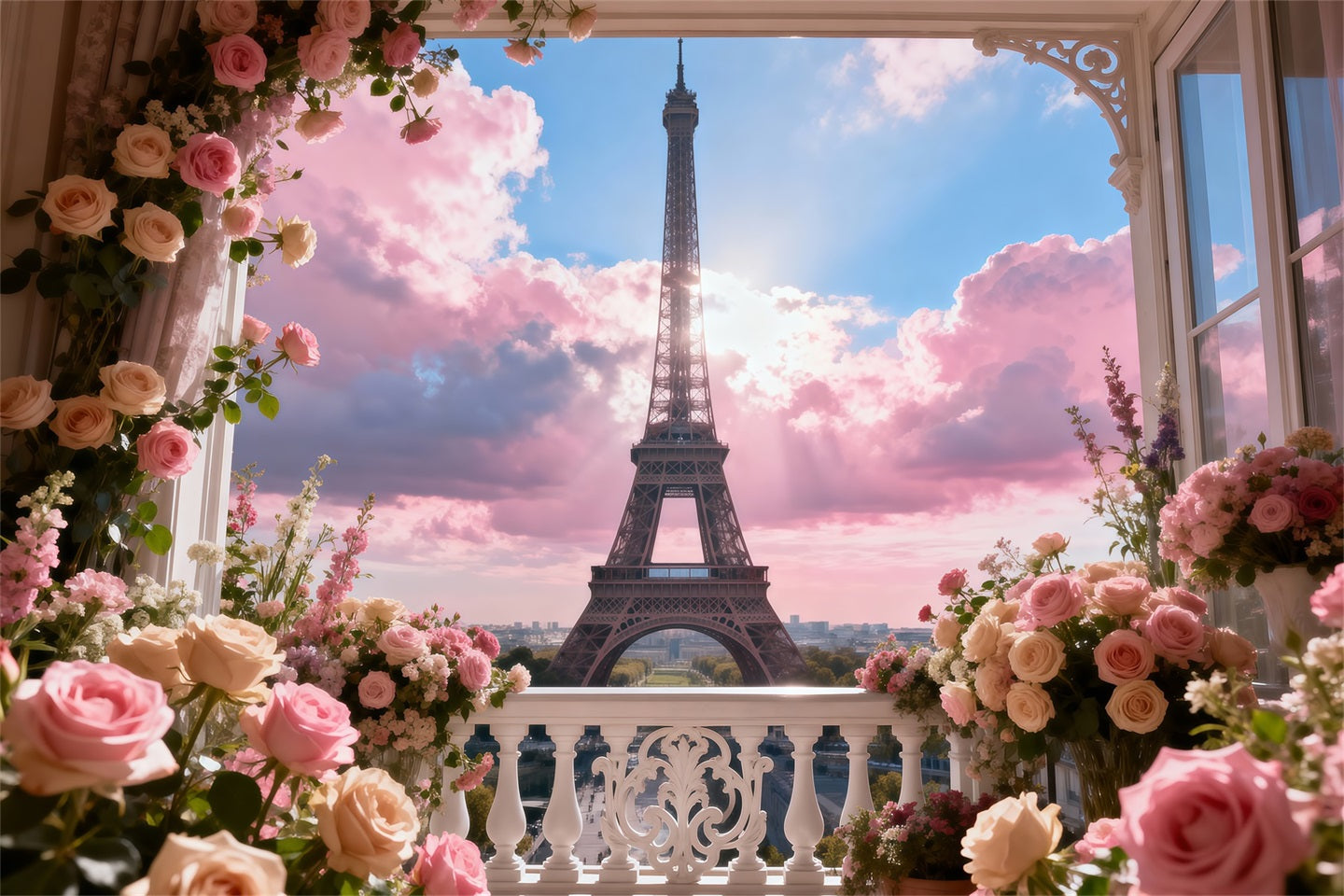 Paris Photo Backdrop Pastel Balcony Garden Sky Eiffel Tower Photography Backdrop UK RR61-53