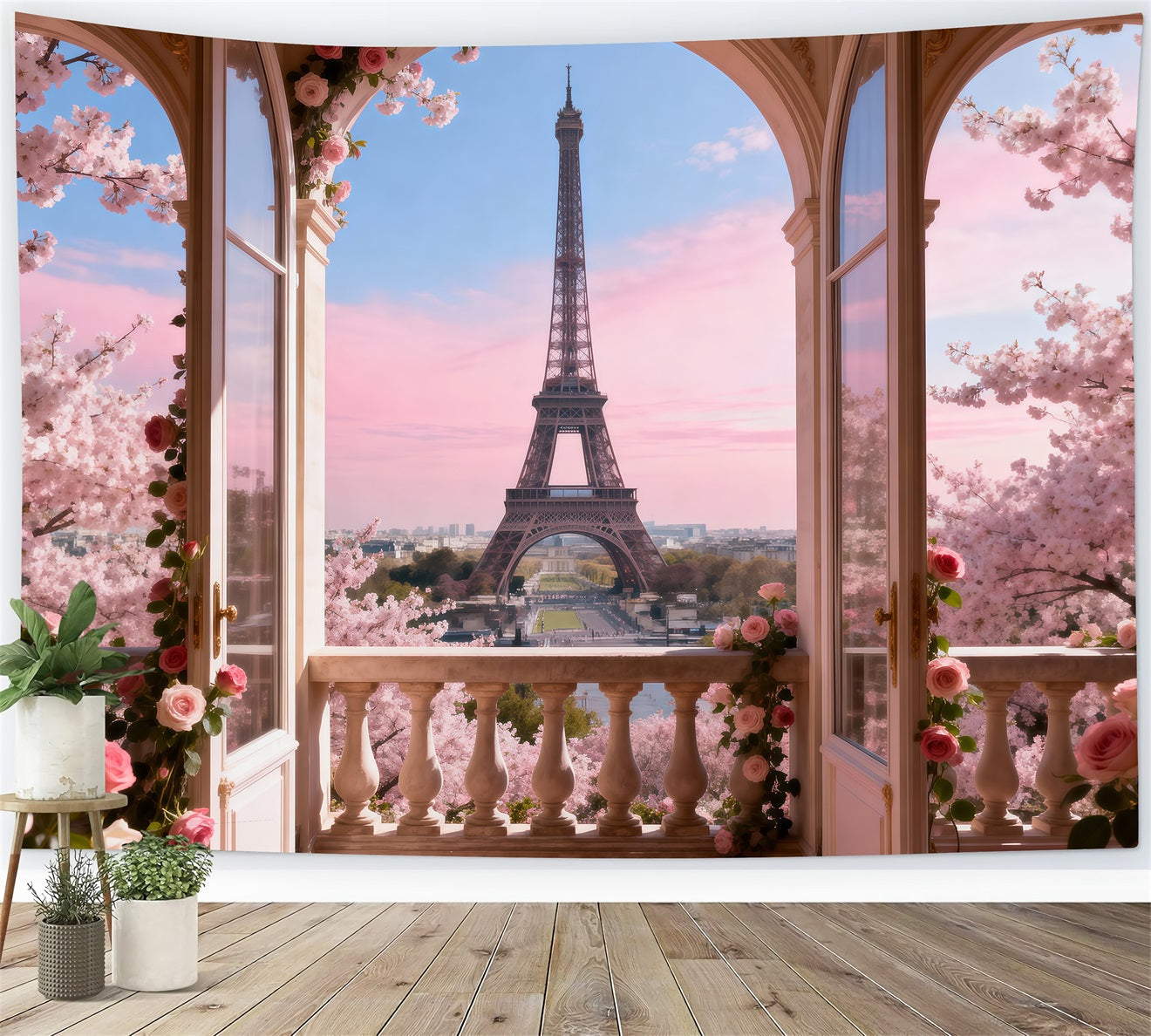 Eiffel Tower Photo Backdrop Blossom Balcony Pastel Morning Paris Backdrop For Pictures UK RR61-54