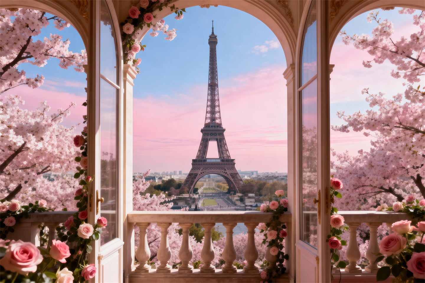 Eiffel Tower Photo Backdrop Blossom Balcony Pastel Morning Paris Backdrop For Pictures UK RR61-54