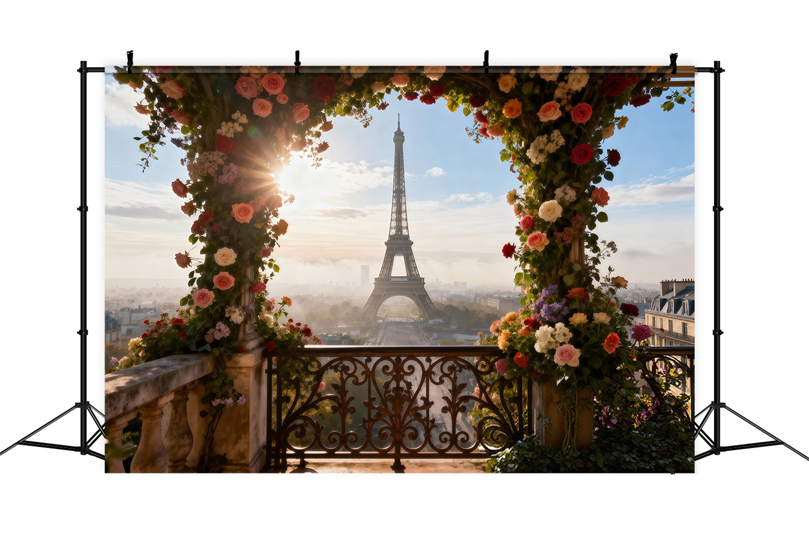Eiffel Tower Backdrops Sunlit Floral Arch Terrace Paris Photo Booth Backdrop UK RR61-55