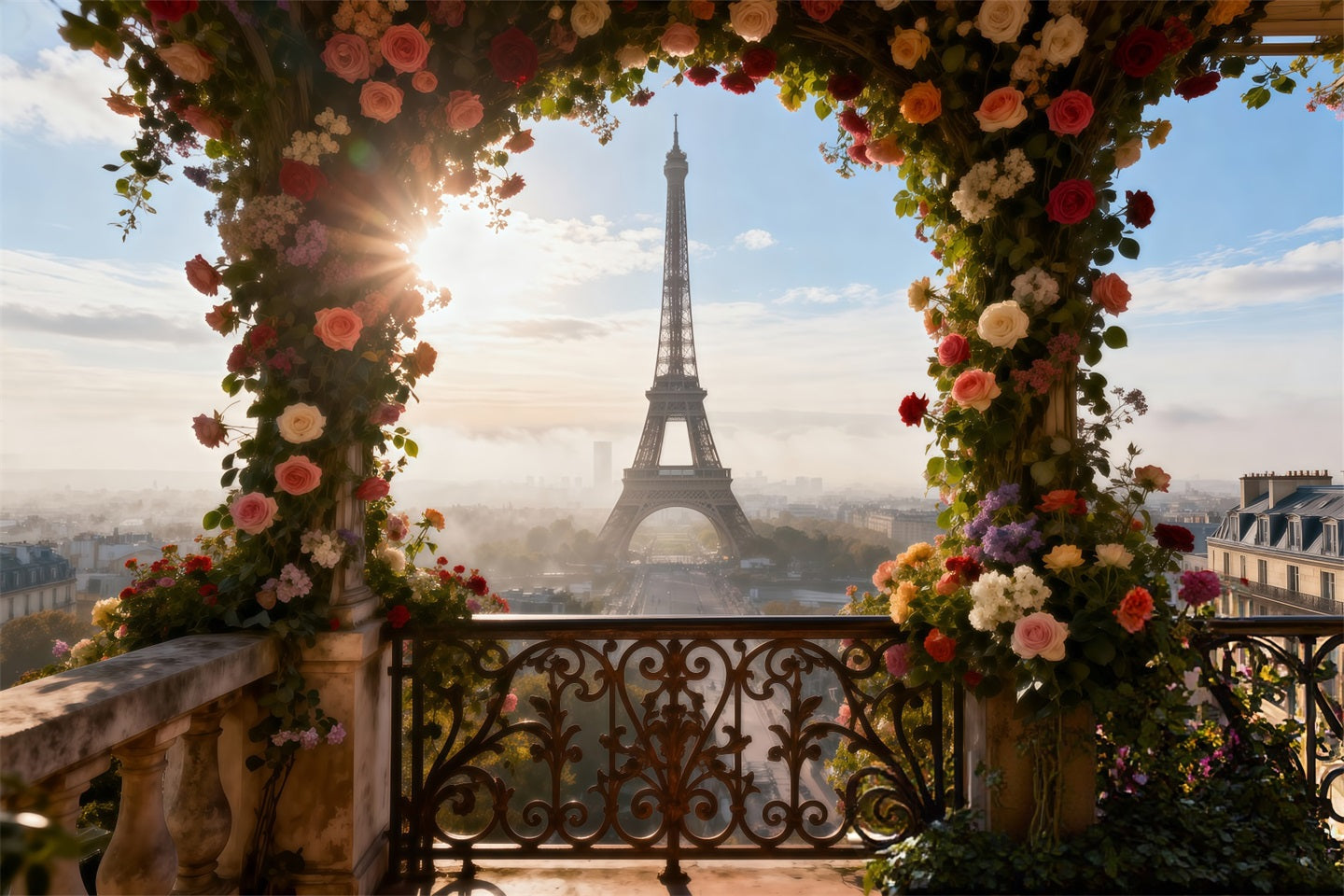 Eiffel Tower Backdrops Sunlit Floral Arch Terrace Paris Photo Booth Backdrop UK RR61-55