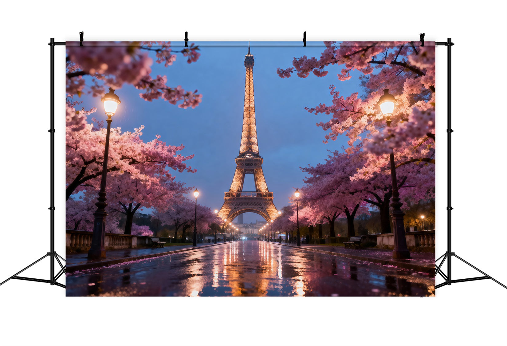 Midnight In Paris Backdrop Cherry Blossom Evening Promenade Eiffel Tower Backdrops UK RR61-57