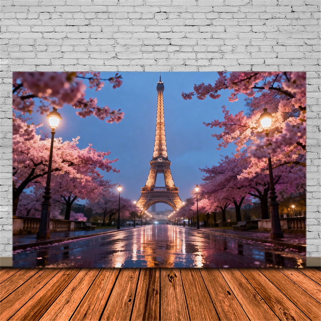 Midnight In Paris Backdrop Cherry Blossom Evening Promenade Eiffel Tower Backdrops UK RR61-57