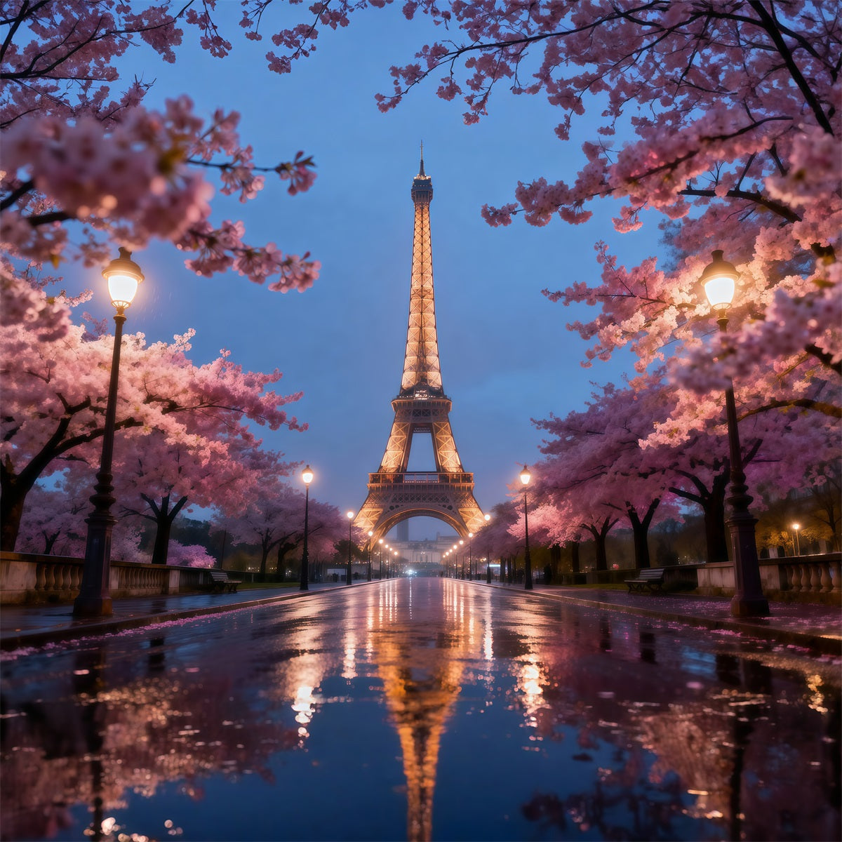 Midnight In Paris Backdrop Cherry Blossom Evening Promenade Eiffel Tower Backdrops UK RR61-57