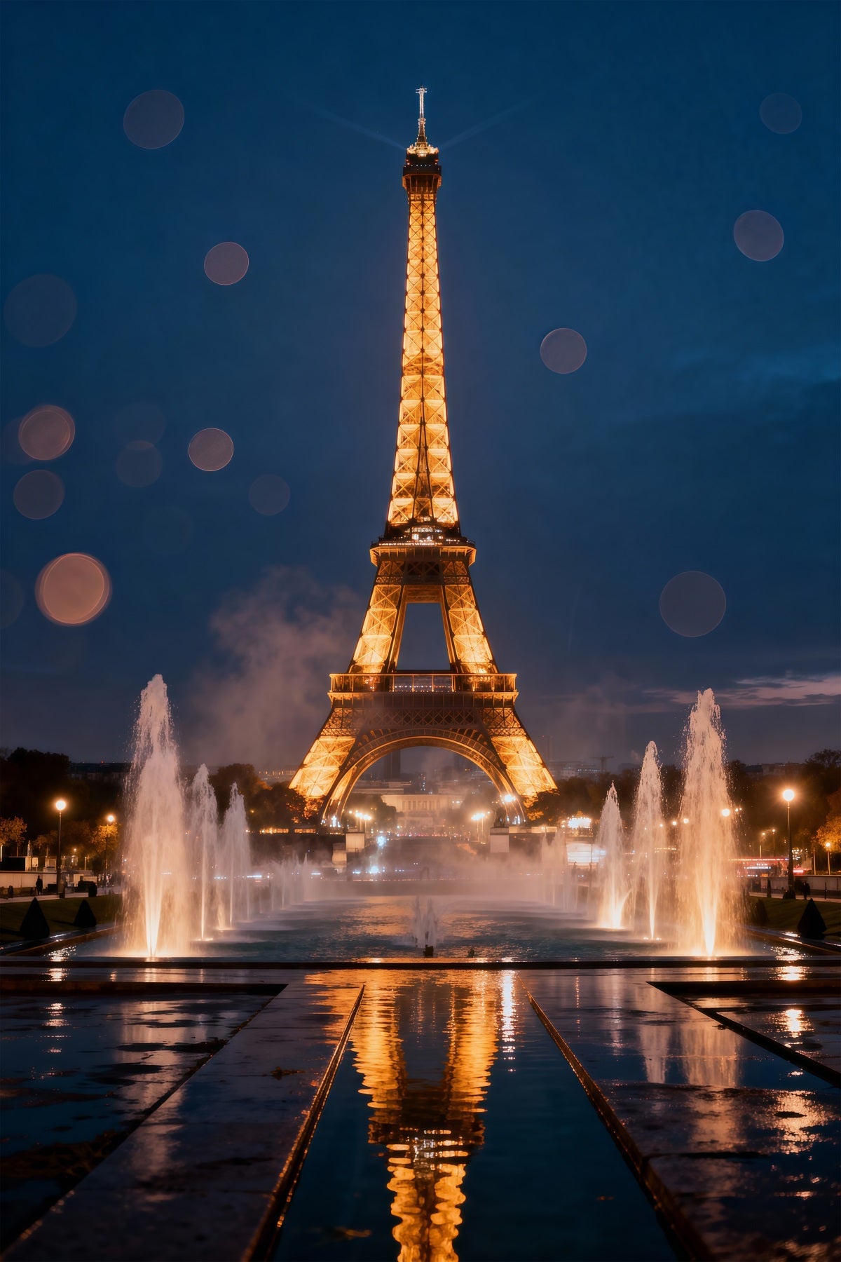 Paris Photo Backdrop Midnight Fountain Golden Reflection Eiffel Tower Backdrops UK RR61-58
