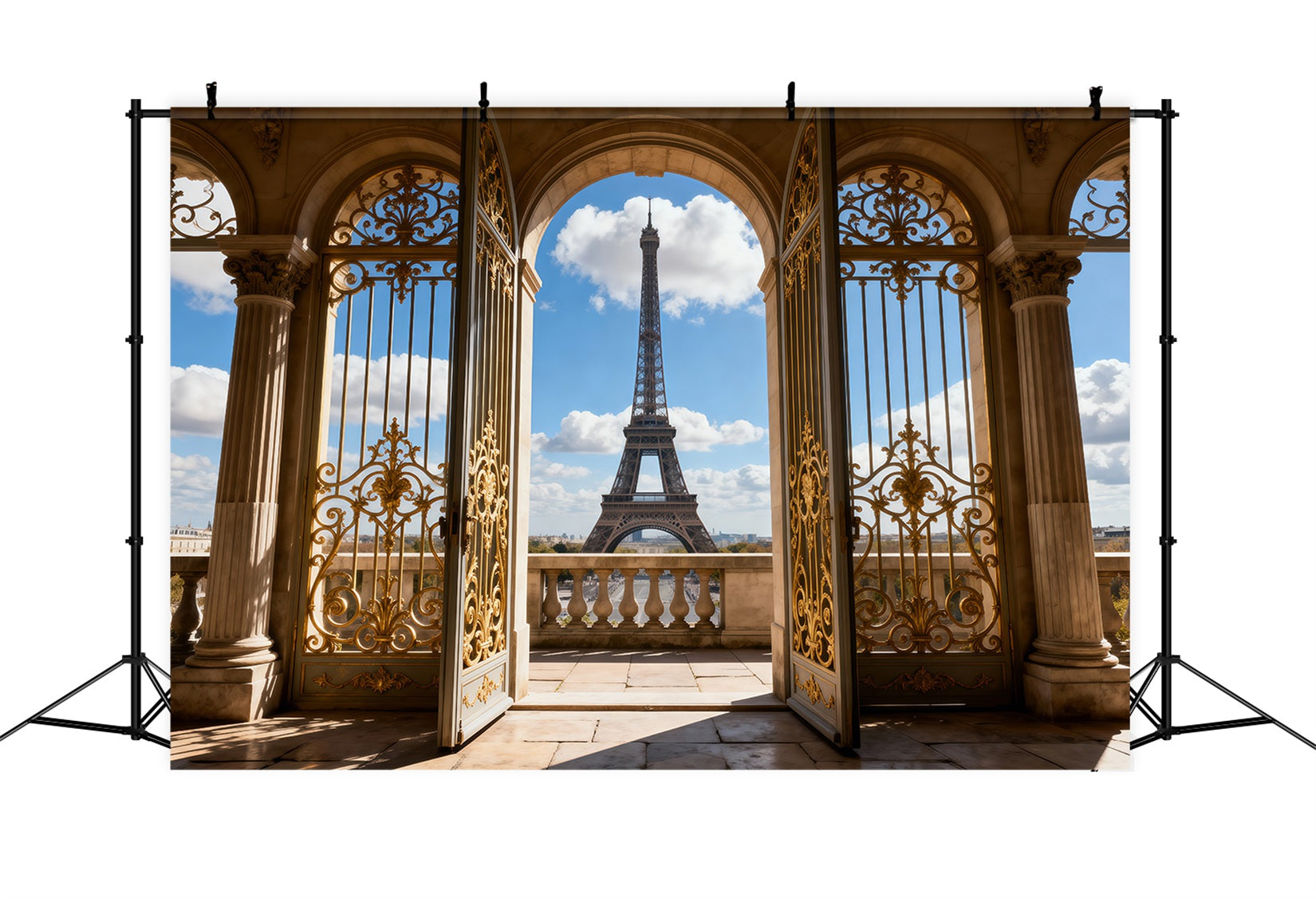 Paris Themed Backdrop Golden Palace Archway Balcony View Eiffel Tower Backdrops UK RR61-62