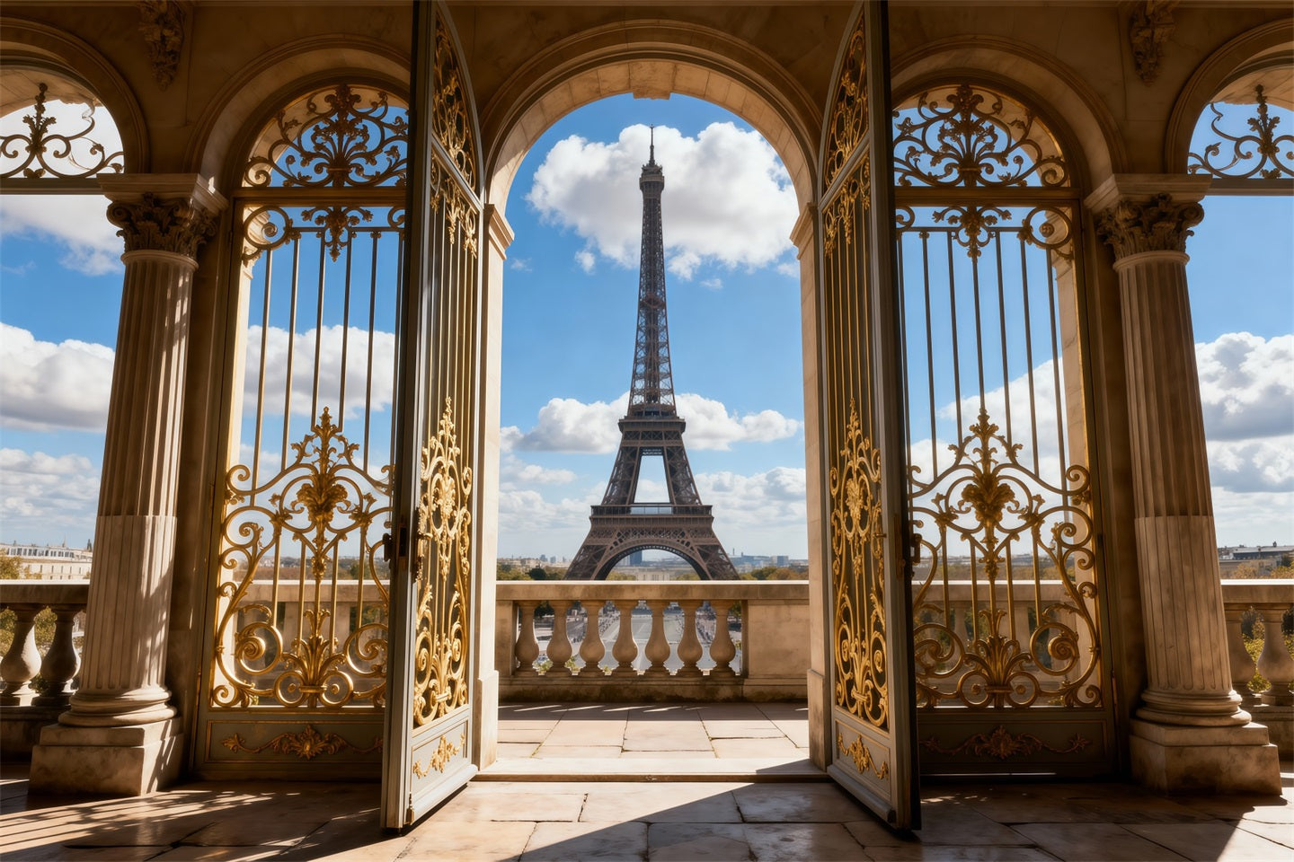 Paris Themed Backdrop Golden Palace Archway Balcony View Eiffel Tower Backdrops UK RR61-62