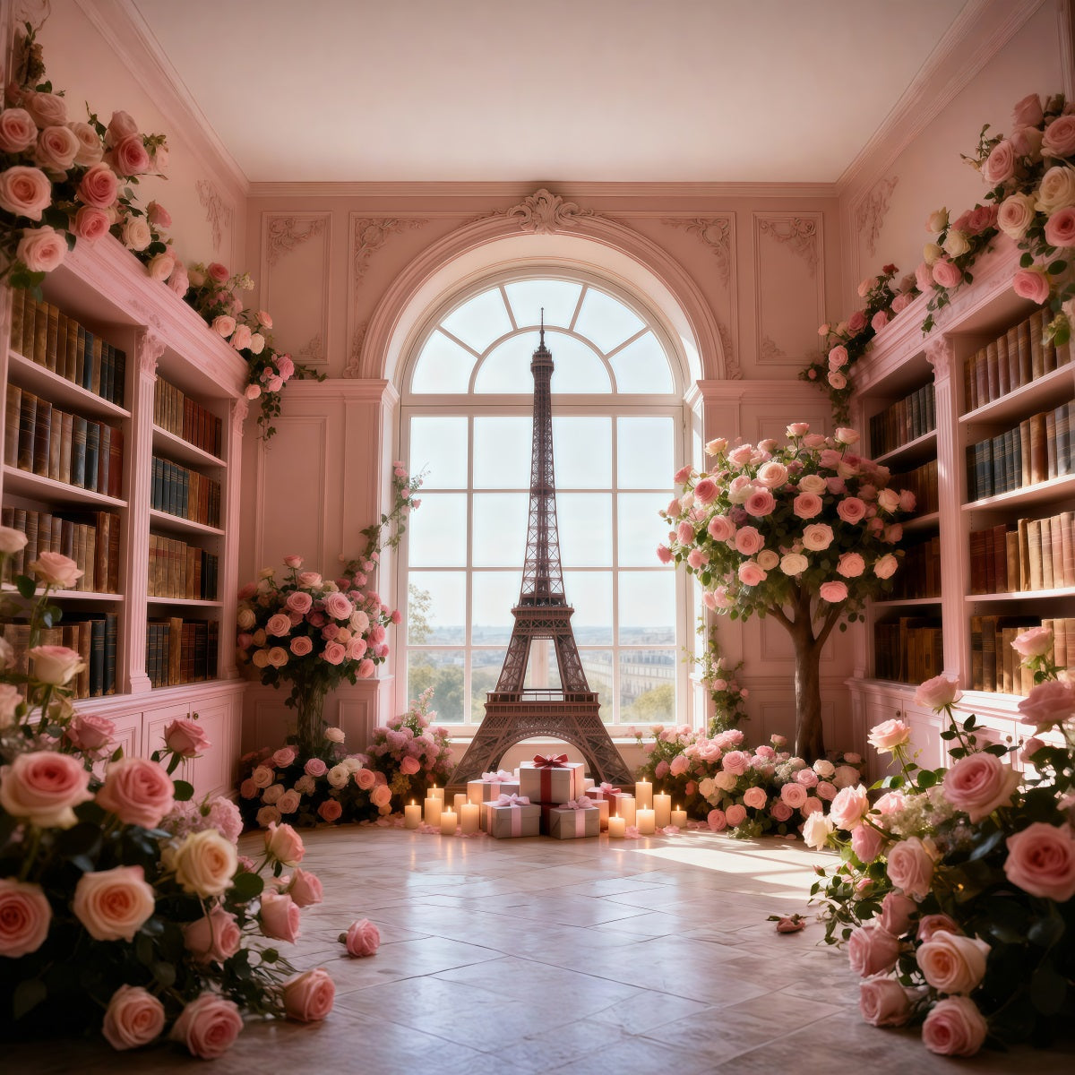 Paris Themed Backdrops Rose Library Window Romance Eiffel Tower Backdrops UK RR61-64