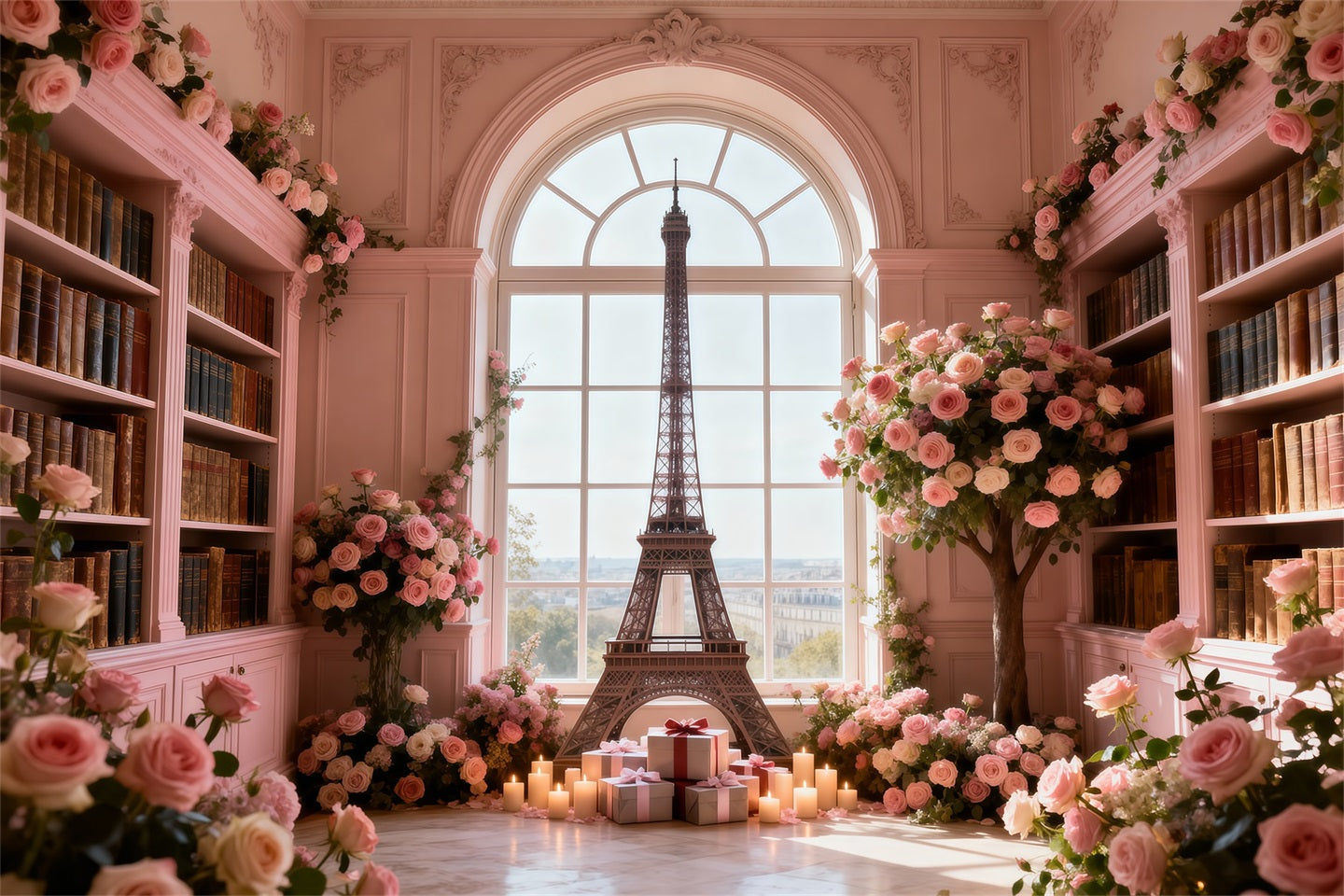 Paris Themed Backdrops Rose Library Window Romance Eiffel Tower Backdrops UK RR61-64