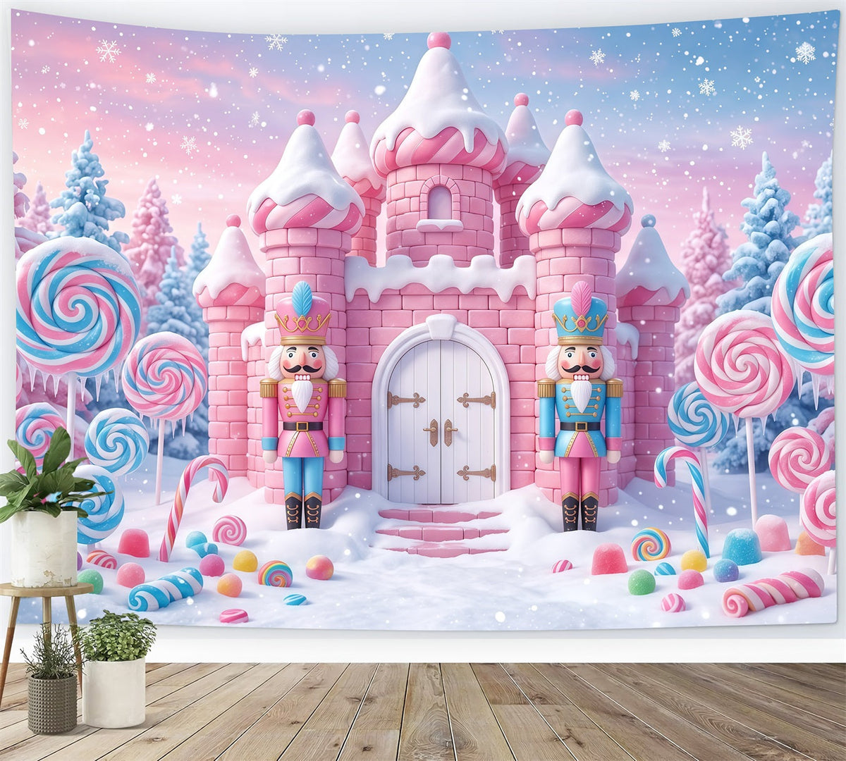 Nutcracker Land Of Sweets Backdrop Pink Candy Castle Nutcracker Snow Scene Backdrop UK RR610-10