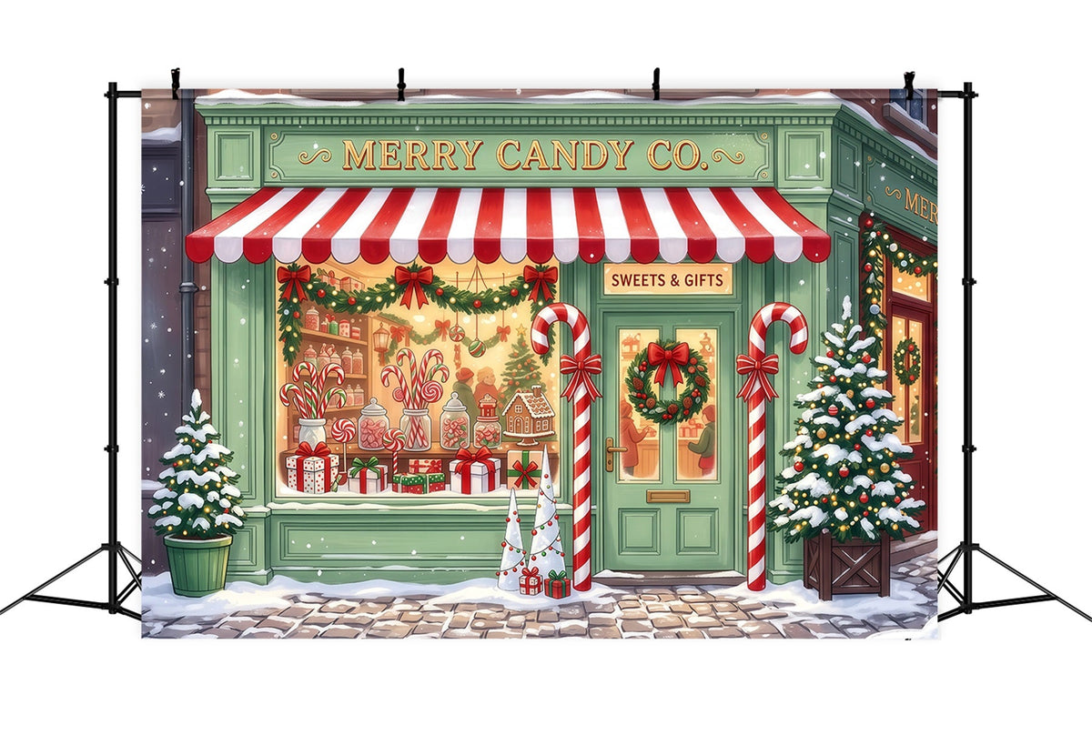 Christmas Candy Cane Backdrop Mint Green Candy Shopfront Merry Christmas Backdrop UK RR610-100