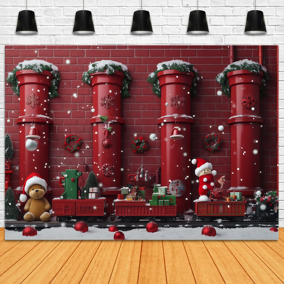 Christmas Backdrop Red Pipe Toy Train Christmas Backdrops Photography UK RR610-102