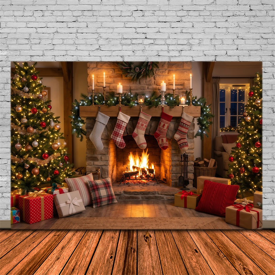 Christmas Fireplace Backdrop Rustic Hanging Stockings Christmas Backdrop for Photography UK RR610-104