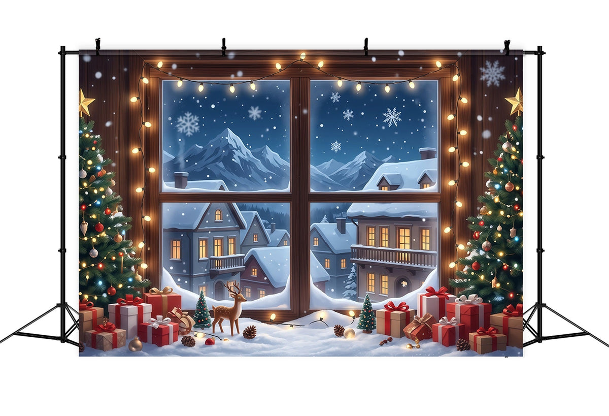 Winter Christmas Backdrop Snowy House Window Display Christmas Village Backdrops UK RR610-107