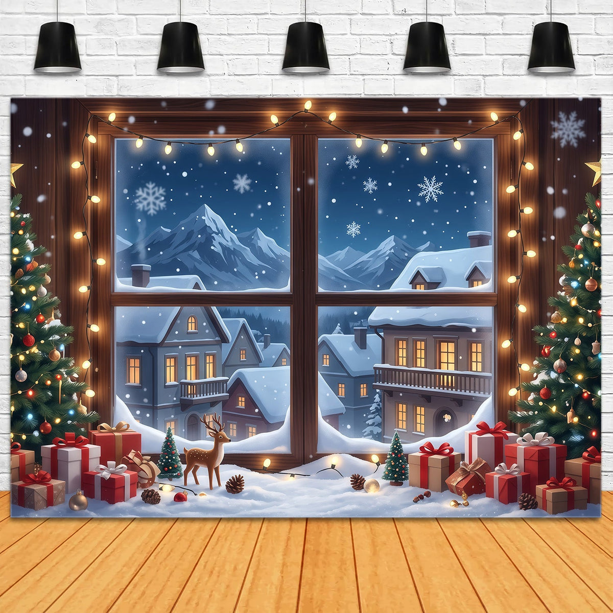 Winter Christmas Backdrop Snowy House Window Display Christmas Village Backdrops UK RR610-107