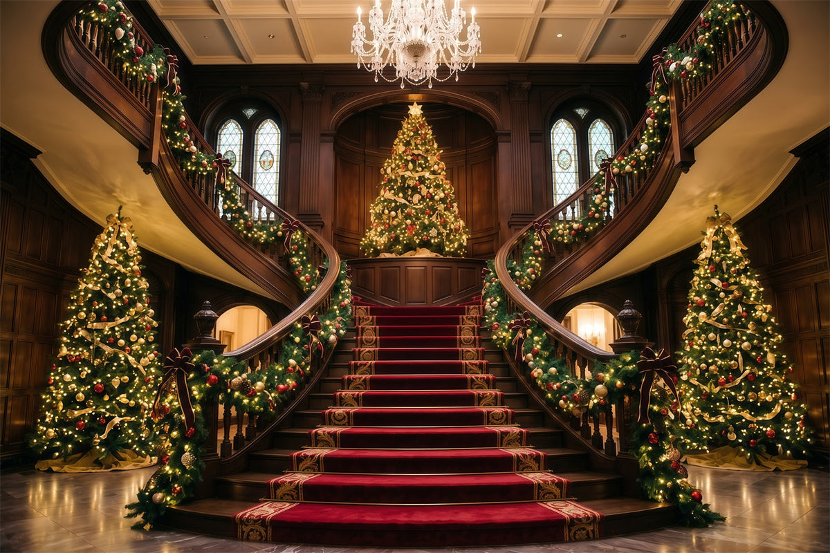 Living Room Christmas Backdrop Ornate Double Staircase Foyer Christmas Wall Backdrop UK RR610-108