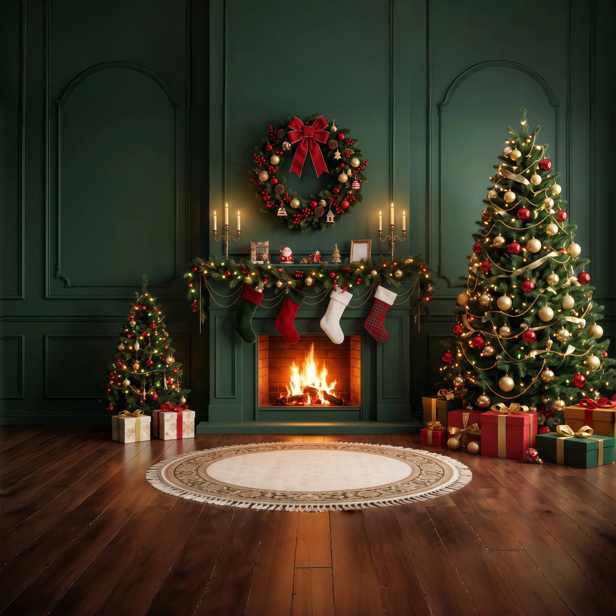 Christmas Fireplace Backdrops Evergreen Stockings Wreath Christmas Scene Backdrop UK RR610-110