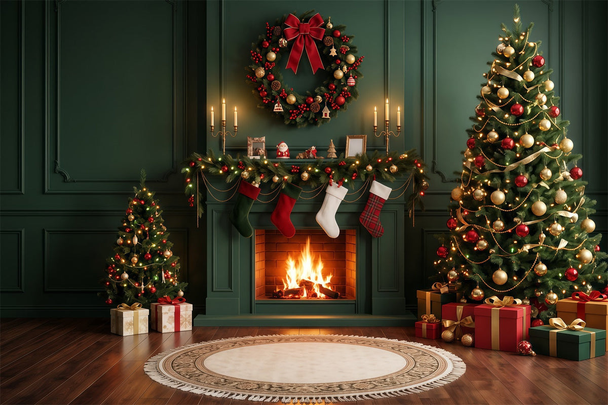 Christmas Fireplace Backdrops Evergreen Stockings Wreath Christmas Scene Backdrop UK RR610-110