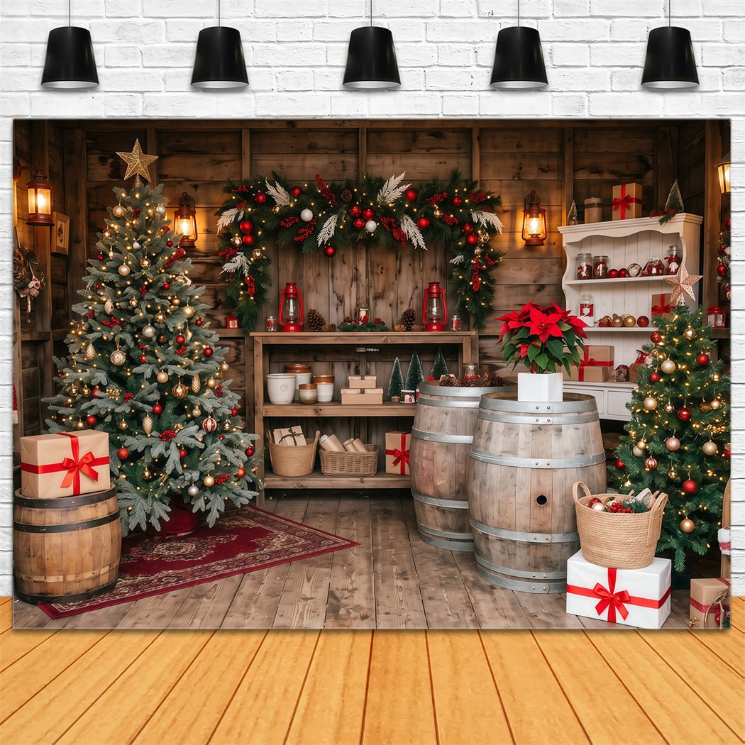 Christmas Store Backdrop Rustic Cabin Evergreen Christmas Backdrop for Pictures UK RR610-115