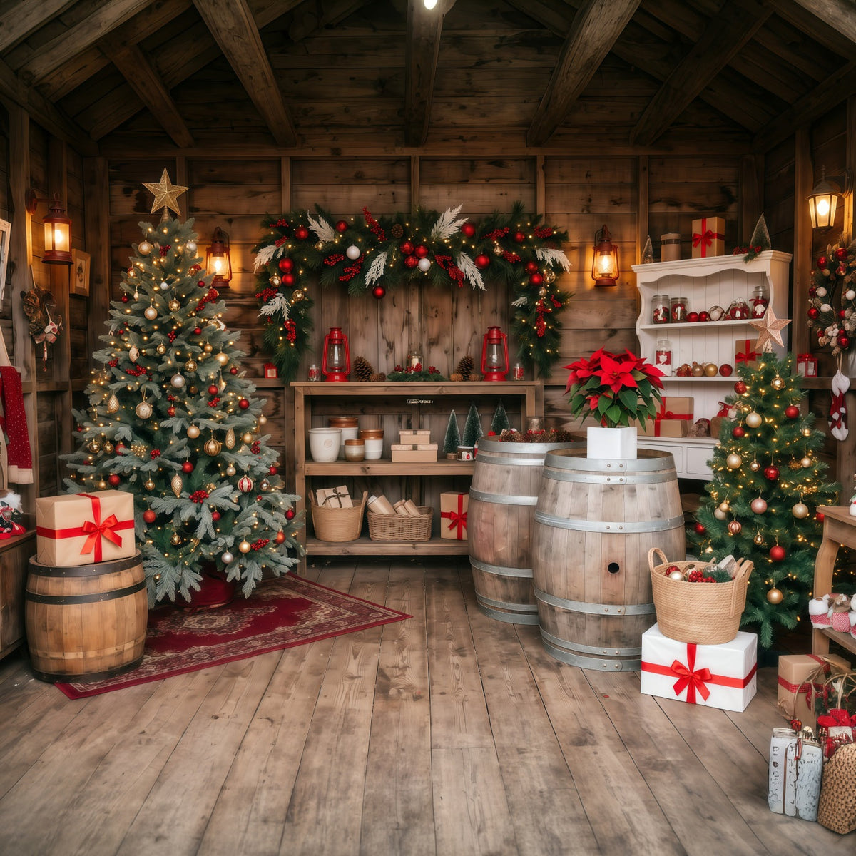 Christmas Store Backdrop Rustic Cabin Evergreen Christmas Backdrop for Pictures UK RR610-115