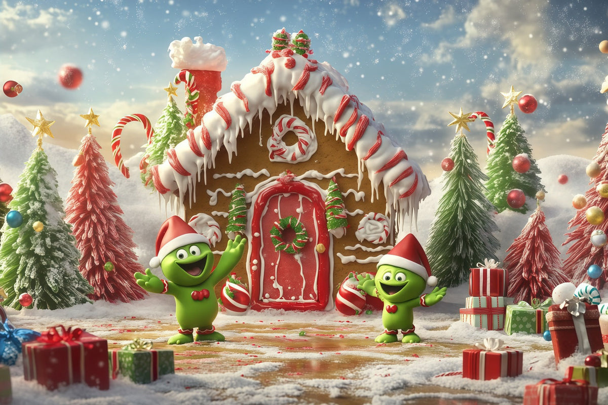 Grinch Backdrop Gingerbread Cottage Candy Characters Christmas Backdrops for Pictures UK RR610-120