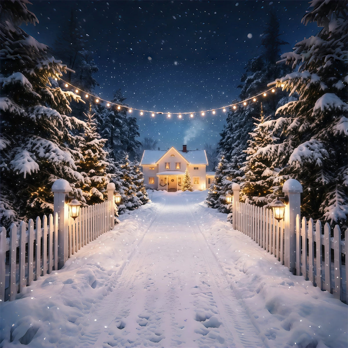 Christmas Lights Photo Backdrop Snowy White House Driveway Christmas Photobooth Backdrop UK RR610-122