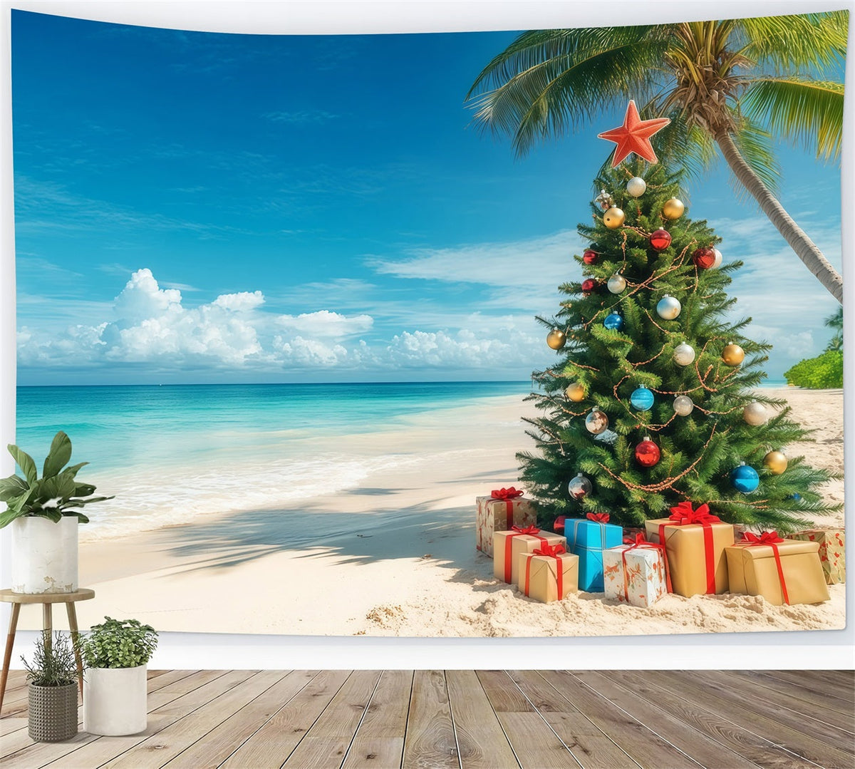 Christmas Tree Backdrops Tropical Beachside Decorated Tree Christmas Themed Backdrop UK RR610-130