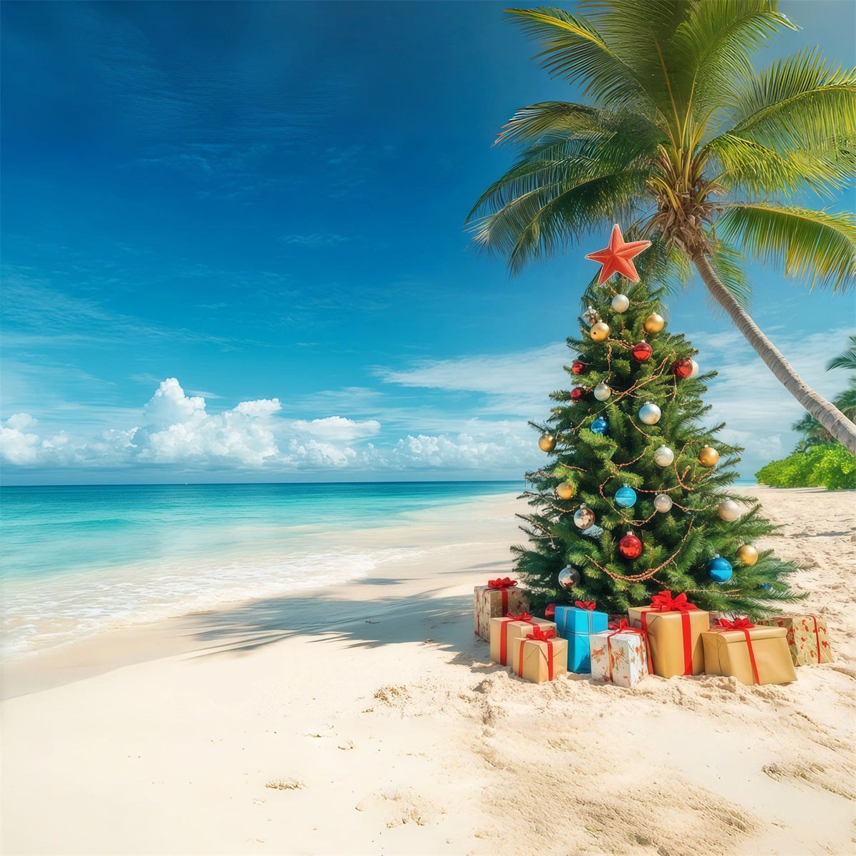 Christmas Tree Backdrops Tropical Beachside Decorated Tree Christmas Themed Backdrop UK RR610-130