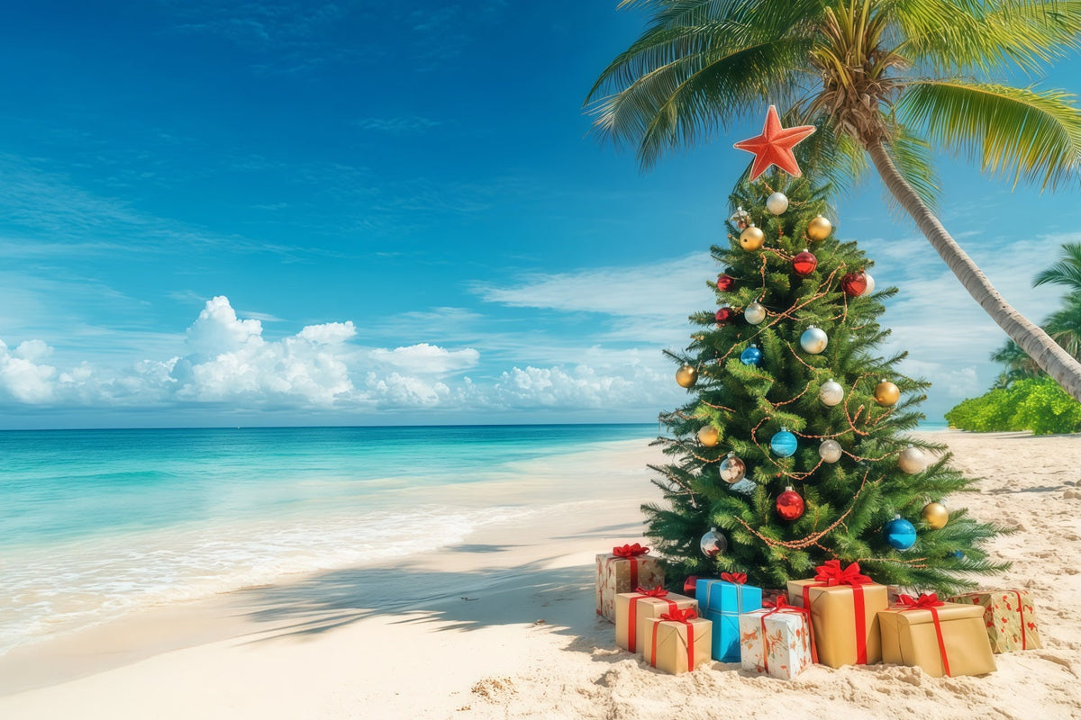 Christmas Tree Backdrops Tropical Beachside Decorated Tree Christmas Themed Backdrop UK RR610-130