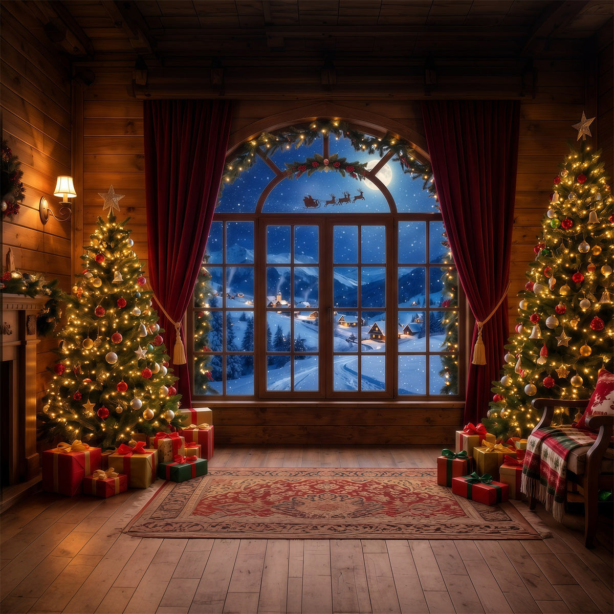 Santa Backdrop Cozy Window Sleigh View Christmas Scene Backdrops UK RR610-134